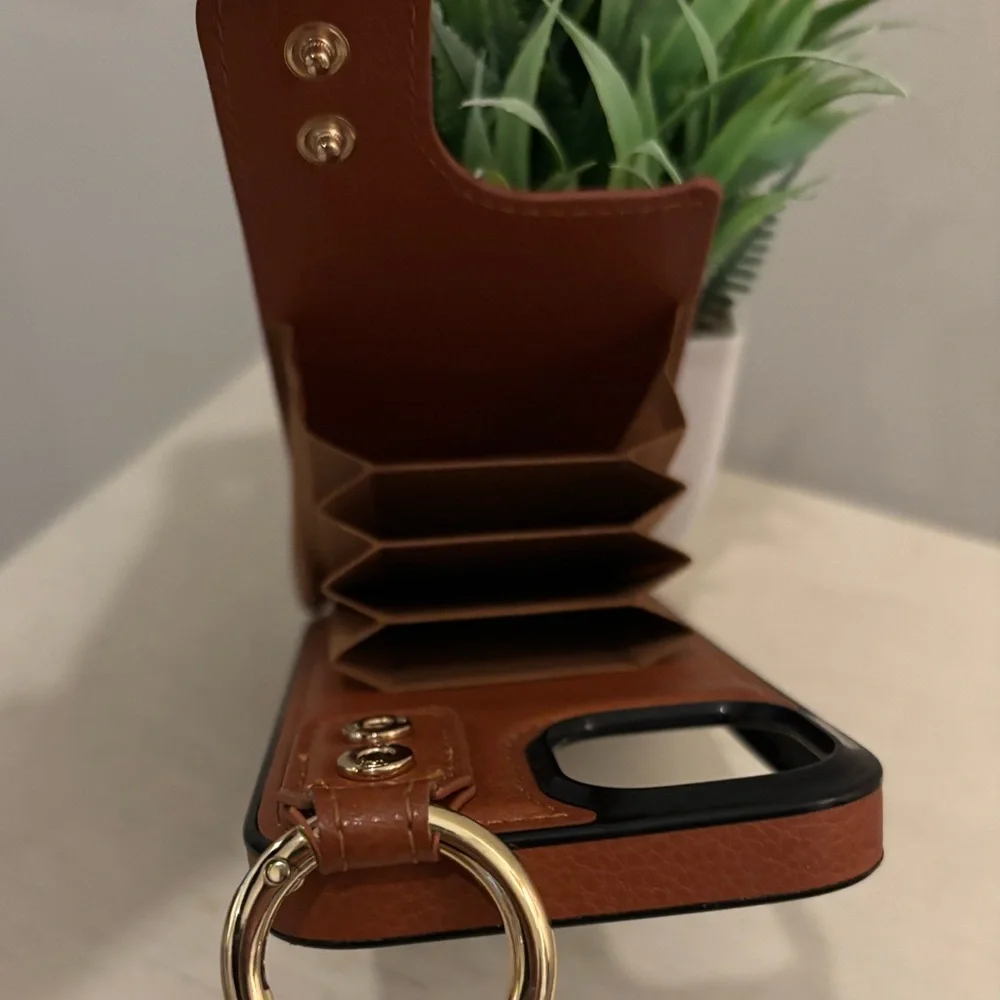 iPhone 12/12 Pro Wallet Case Brown Card Holder Wrist Strap Faux Leather
